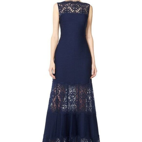 Tadashi Shoji Size L Pintuck Jersey Boatneck Gown Sheer Lace Maxi Dress - Picture 2 of 12